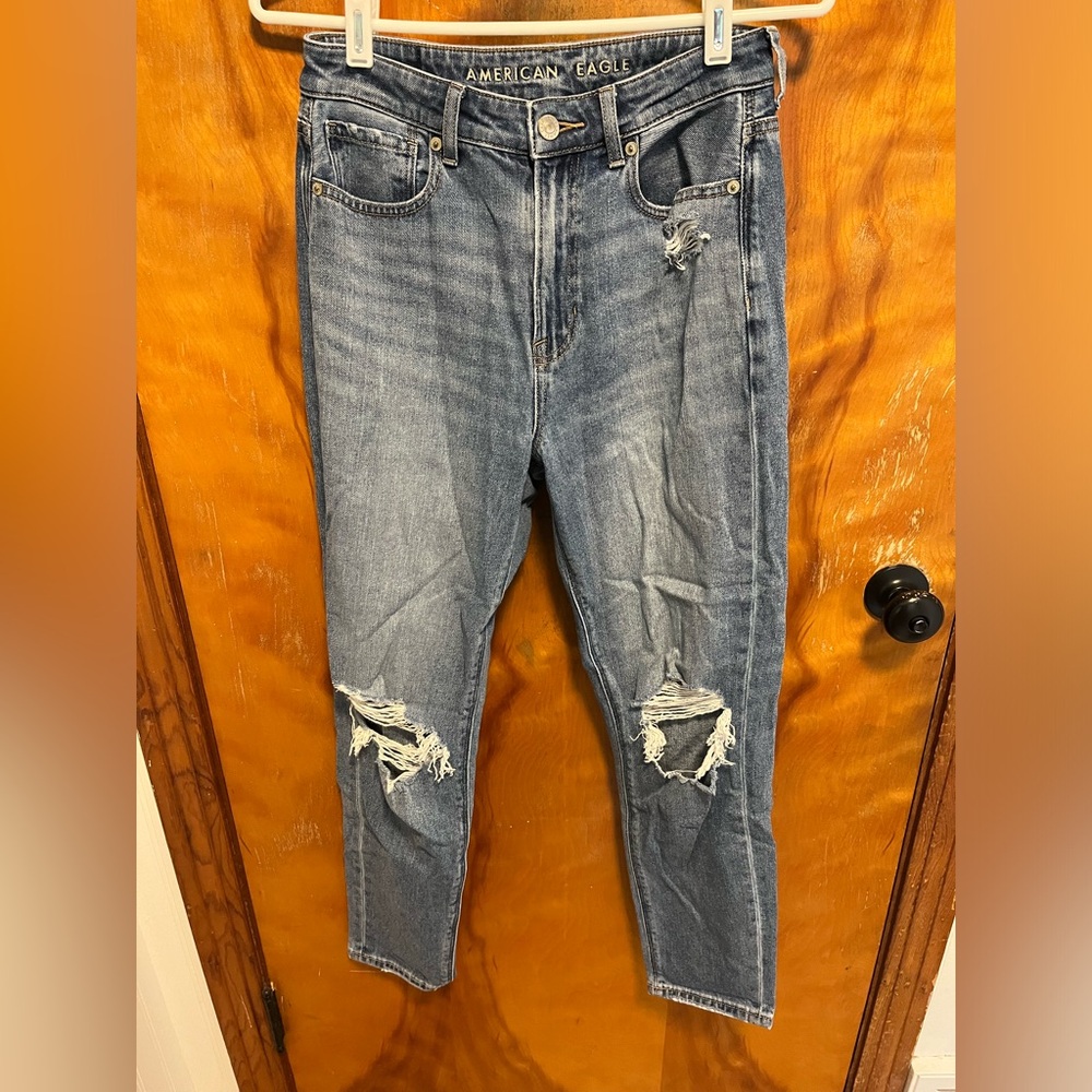 American Eagle Outfitters Women's Classic Blue Ripped Mom Jeans